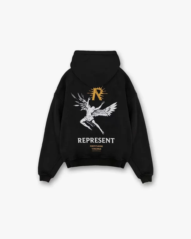 Represent hoodie stands as a quintessential garment