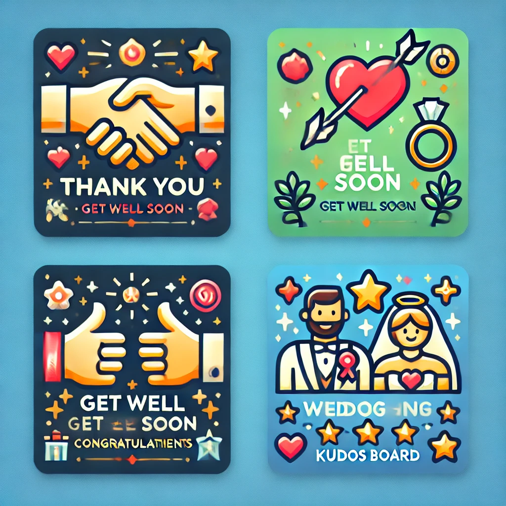 Illustration featuring icons representing thank you, get well soon, wedding congratulations, and kudos boards, symbolizing different types of greeting cards.