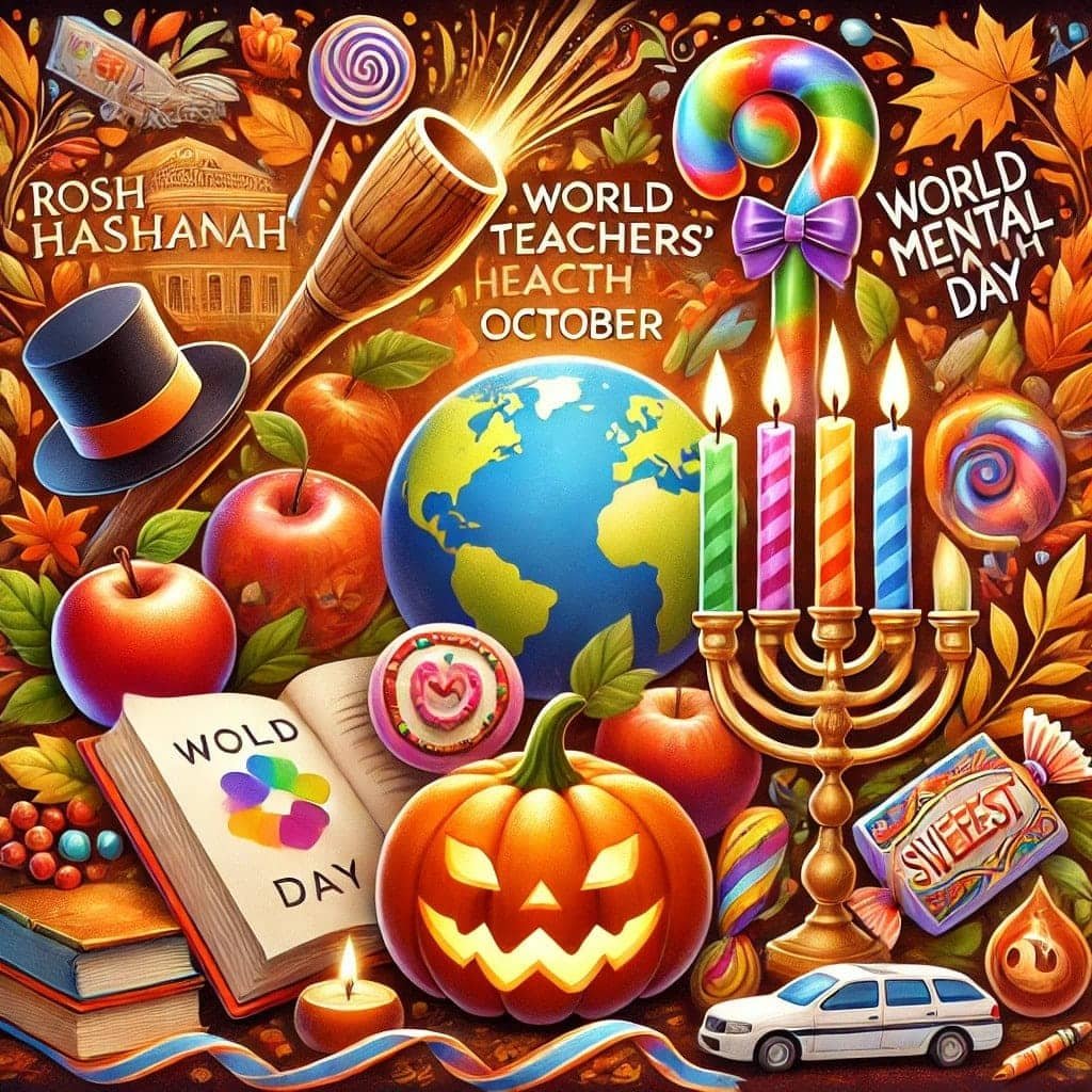 Vibrant representation of October celebrations including Rosh Hashanah, World Teachers' Day, World Mental Health Day, Sweetest Day, Halloween, and Diwali, with symbolic elements such as a shofar, globe, heart, sweets, jack-o'-lantern, and oil lamps.