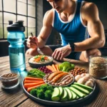 Athlete preparing a balanced meal with vegetables, protein, and water.